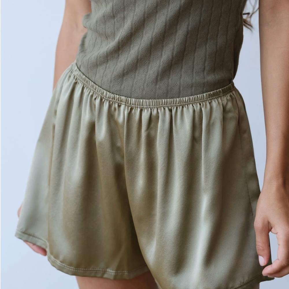 Donni Olive Green Silk Tap Shorts